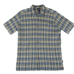 Patagonia Organic Cotton Short Sleeve Button Up Shirt‎ Mens Large Blue/Yellow